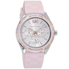 Close-up of Michael Kors MK7268 silver analog dial with monthly and weekly date display