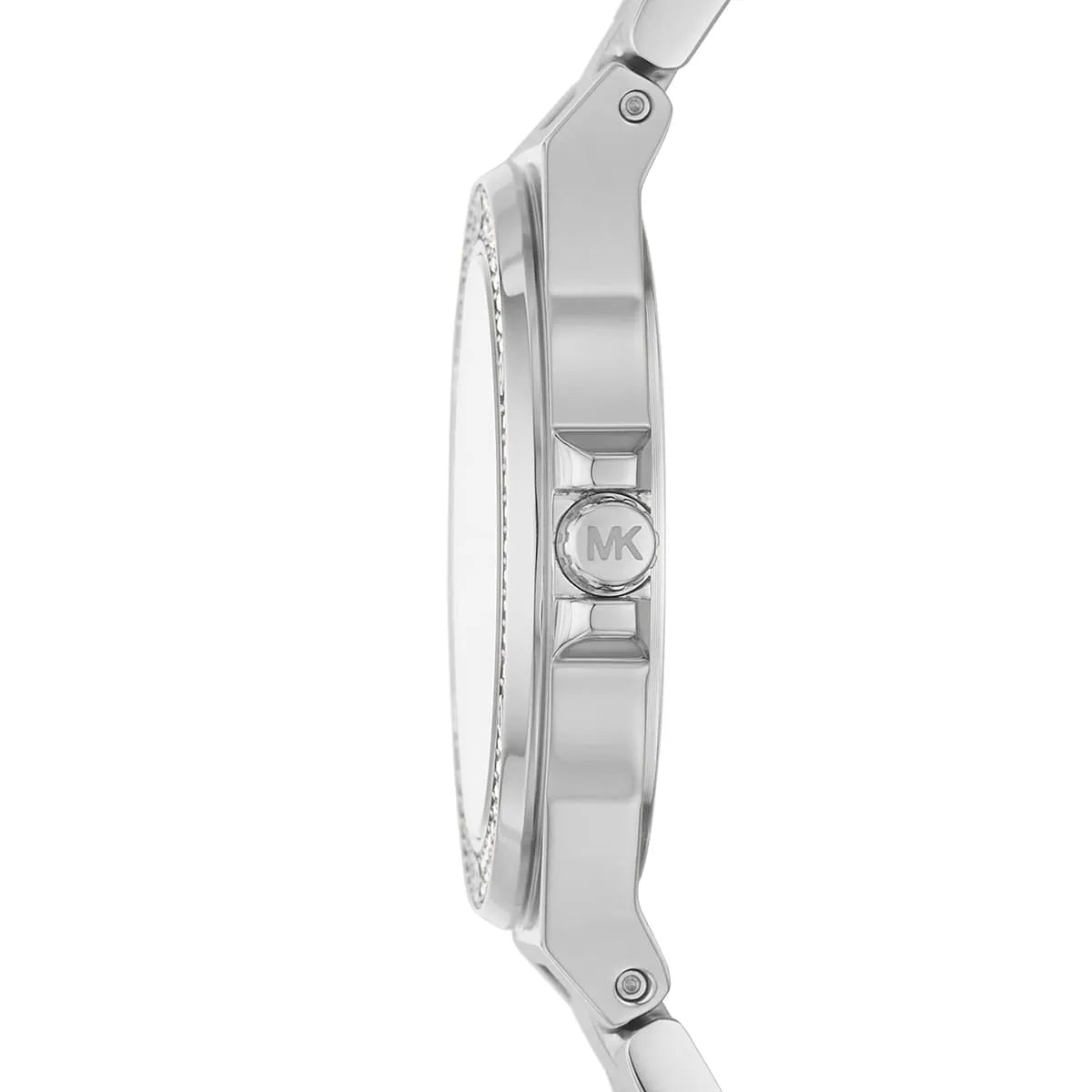 Side profile of Michael Kors Lennox MK7280 silver stainless steel bracelet watch