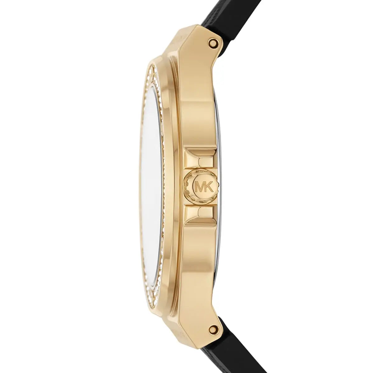 Side profile of Michael Kors Lennox MK7281 black silicone strap watch
