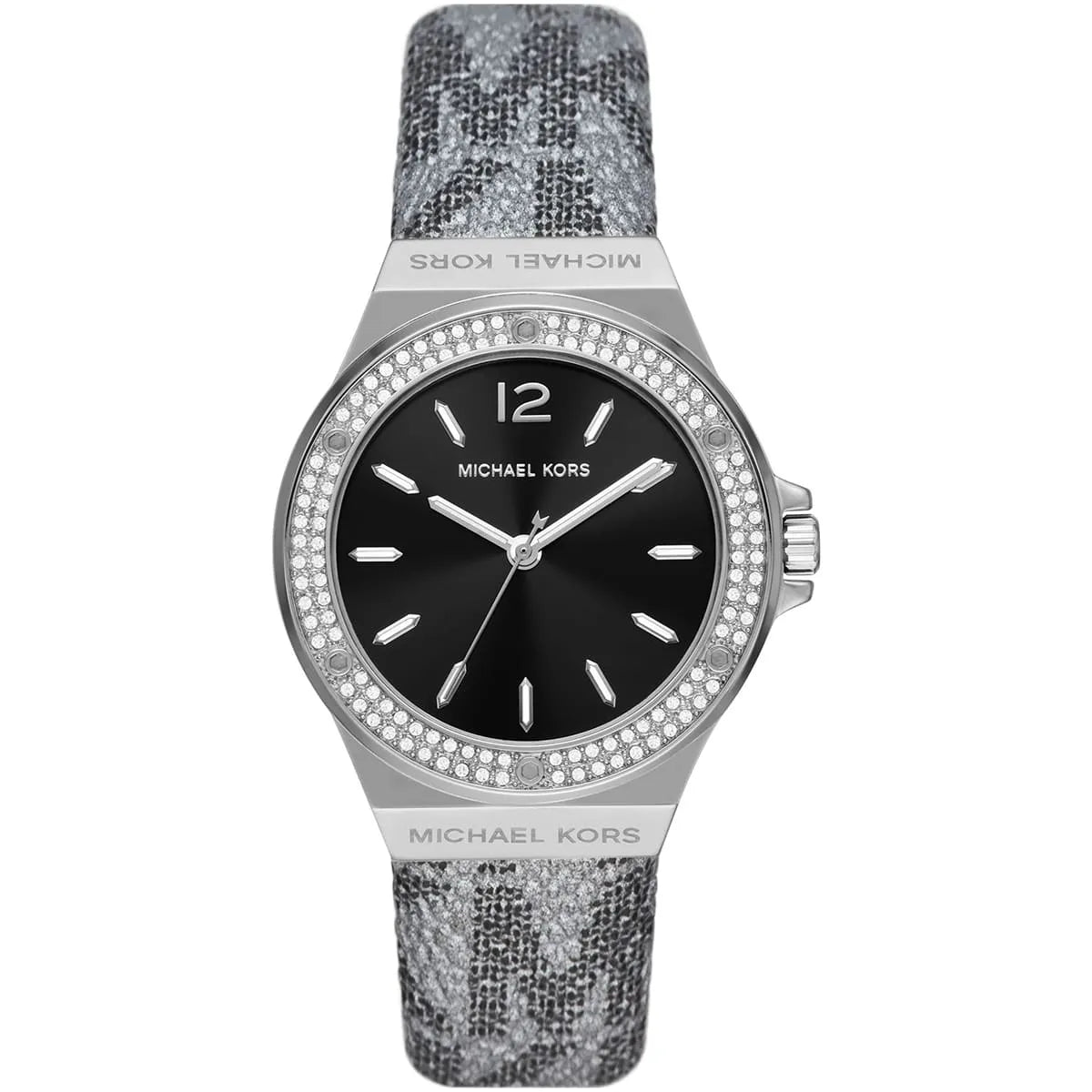 Michael Kors Lennox MK7309 women's black dial gray leather watch front view