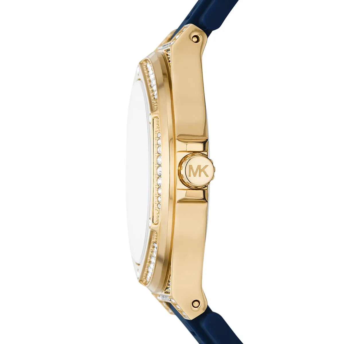 Side profile of Michael Kors Camille MK7333 blue rubber strap watch