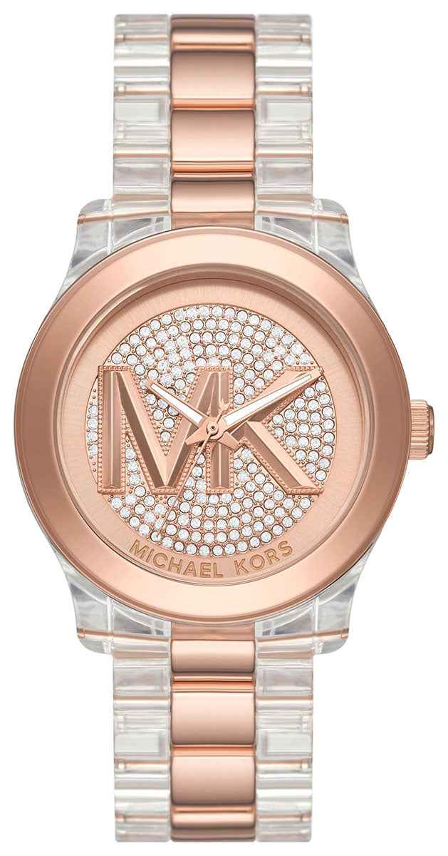 Michael Kors Runway MK7355 Women's Rose Gold Pavé Dial Two-Tone Clear Bracelet Watch