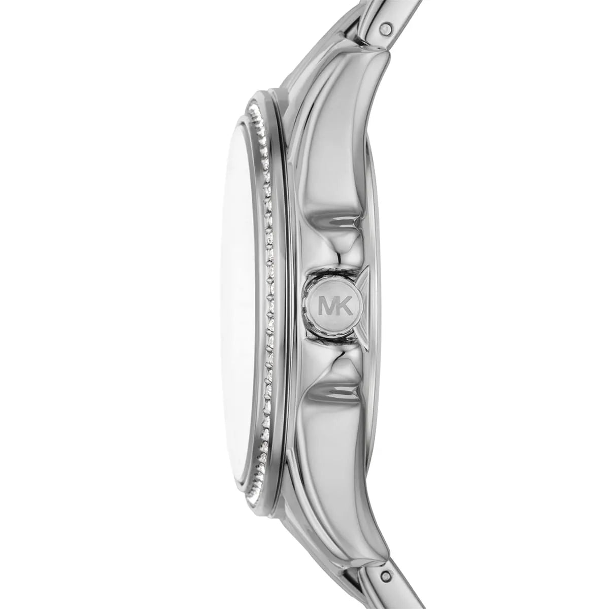 Side profile of Michael Kors Pilot MK7368 silver metal bracelet watch