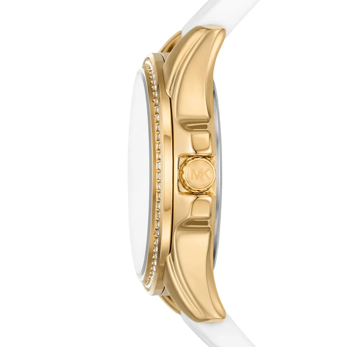 Side profile of Michael Kors Mini Pilot MK7372 white silicone strap watch