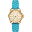 Michael Kors Mini Pilot MK7374 women's gold dial blue silicone watch front view