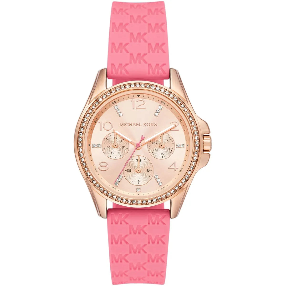 Michael Kors Mini Pilot MK7375 women's rose gold dial pink silicone watch front view