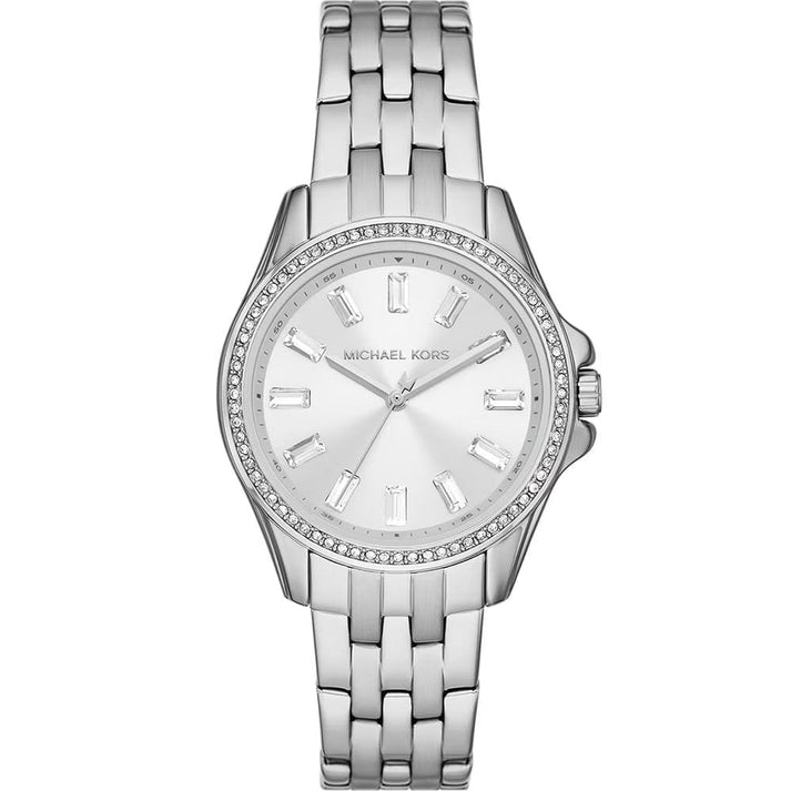 Michael Kors Pilot MK7379 women's silver dial silver stainless steel watch front view