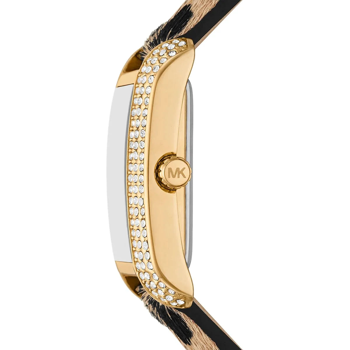 Side profile of Michael Kors Emery MK7387 brown leather strap watch