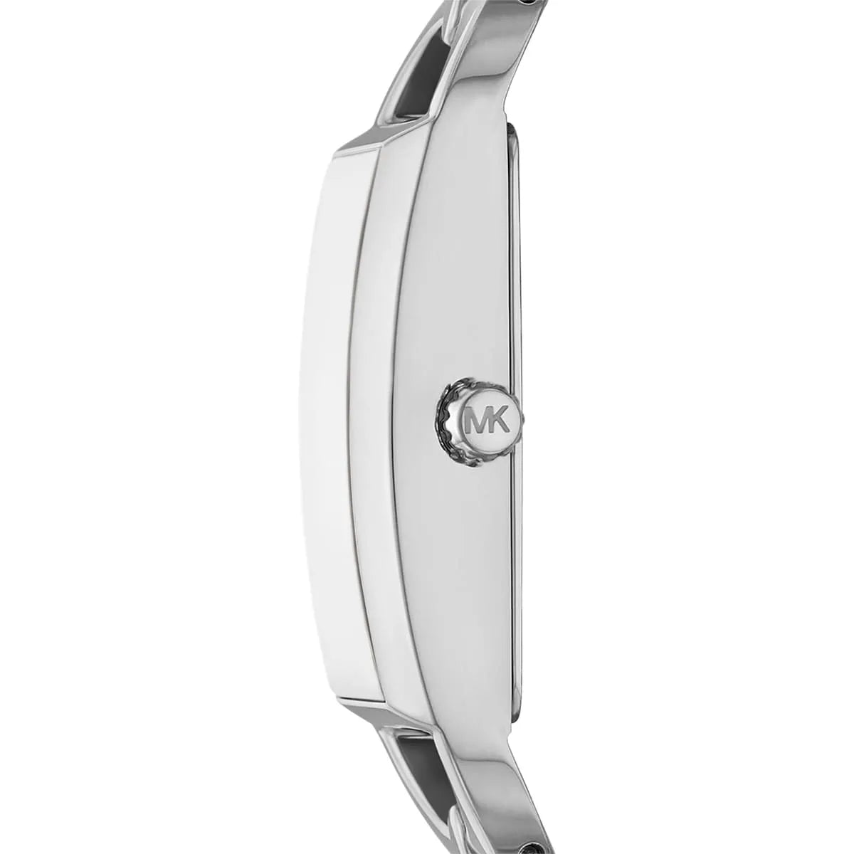 Side profile of Michael Kors Empire MK7407 silver stainless steel bracelet watch
