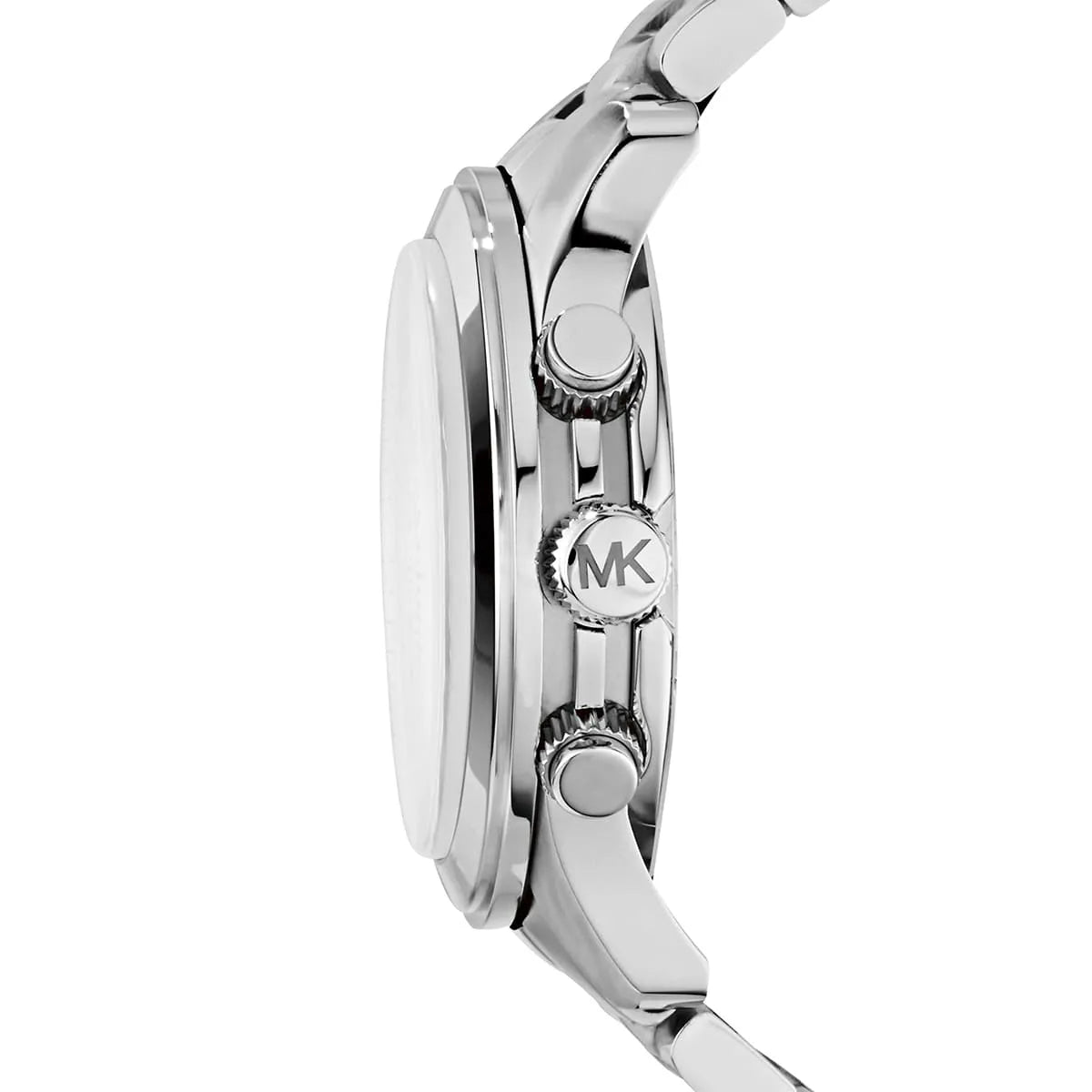 Side profile of Michael Kors Runway MK8086 silver metal bracelet watch