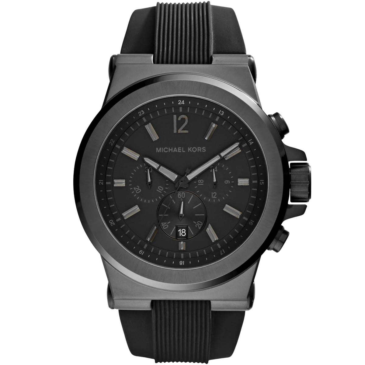 Michael Kors Dylan MK8152 men's black dial black rubber chronograph watch front view