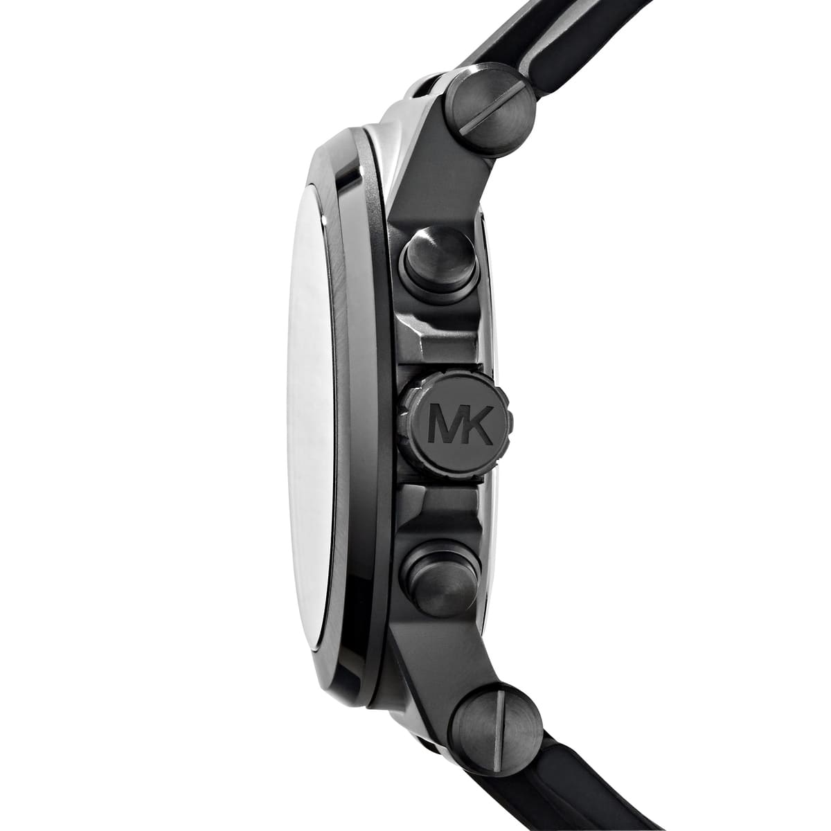 Side profile of Michael Kors Dylan MK8152 black rubber strap watch