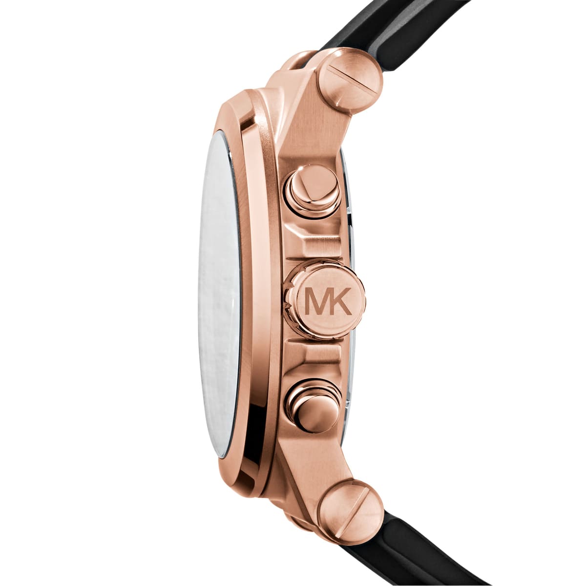 Side profile of Michael Kors Dylan MK8184 black rubber strap watch