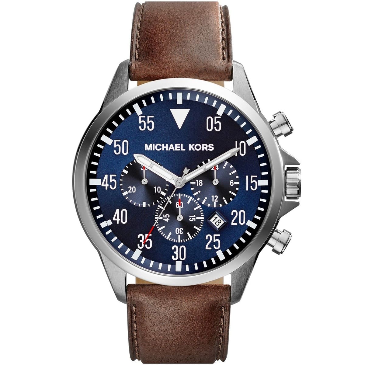 Michael Kors Gage MK8362 men's blue dial brown leather chronograph watch front view