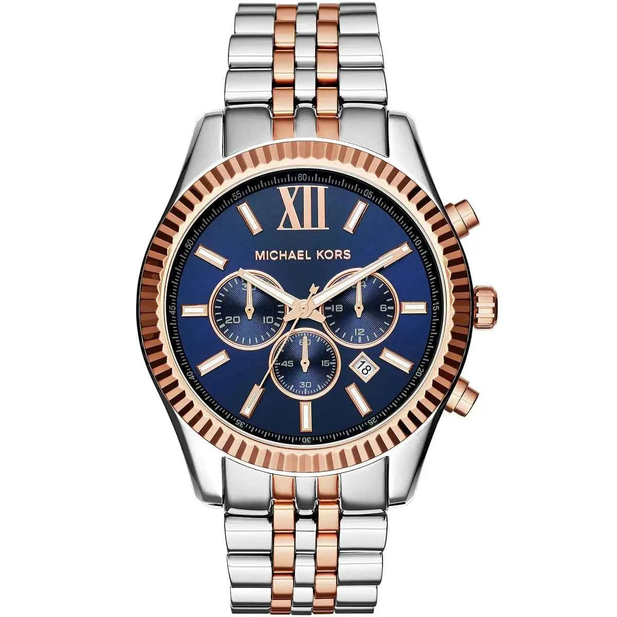Michael Kors Lexington MK8412 Men's Blue Dial Silver & Rose Gold Stainless Steel Chronograph Watch