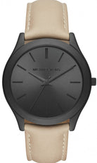 Michael Kors Slim Runway MK8510 men's black dial beige leather strap watch front view