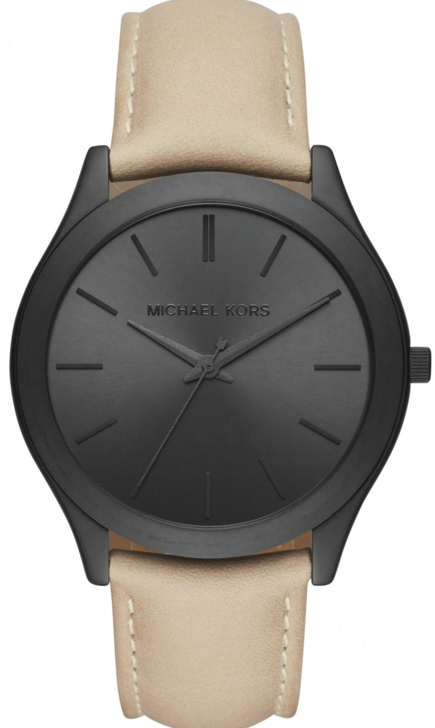 Michael Kors Slim Runway MK8510 men's black dial beige leather strap watch front view