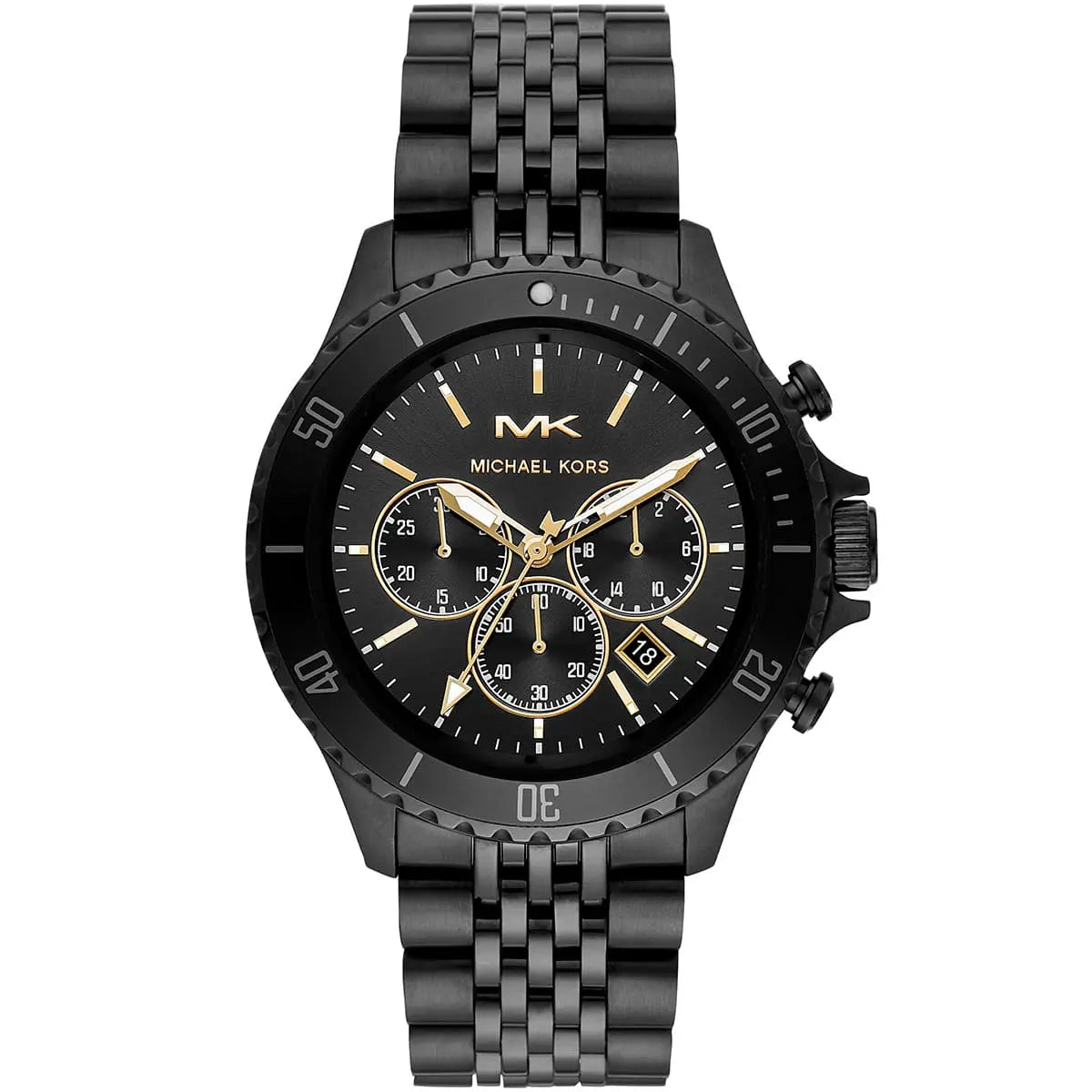 Michael Kors Bayville MK8750 men's black dial black stainless steel chronograph watch front view