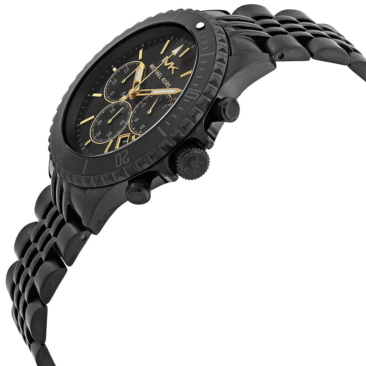 Close-up of Michael Kors MK8750 black chronograph dial with black metal bracelet