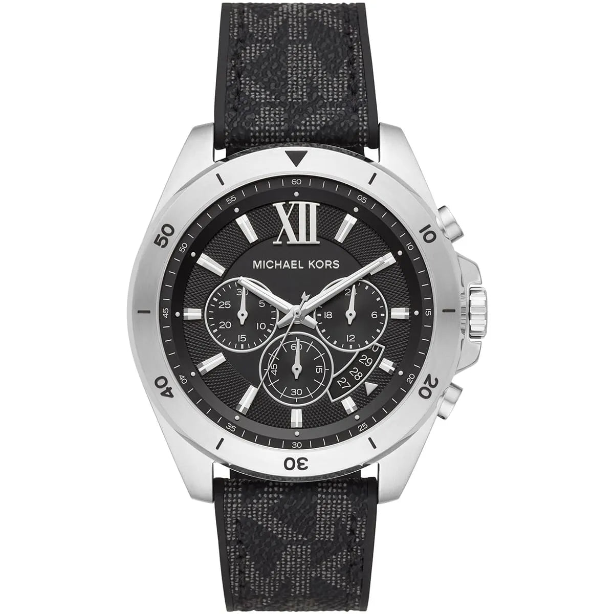 Michael Kors Brecken MK8850 men's black dial black polyurethane chronograph watch front view