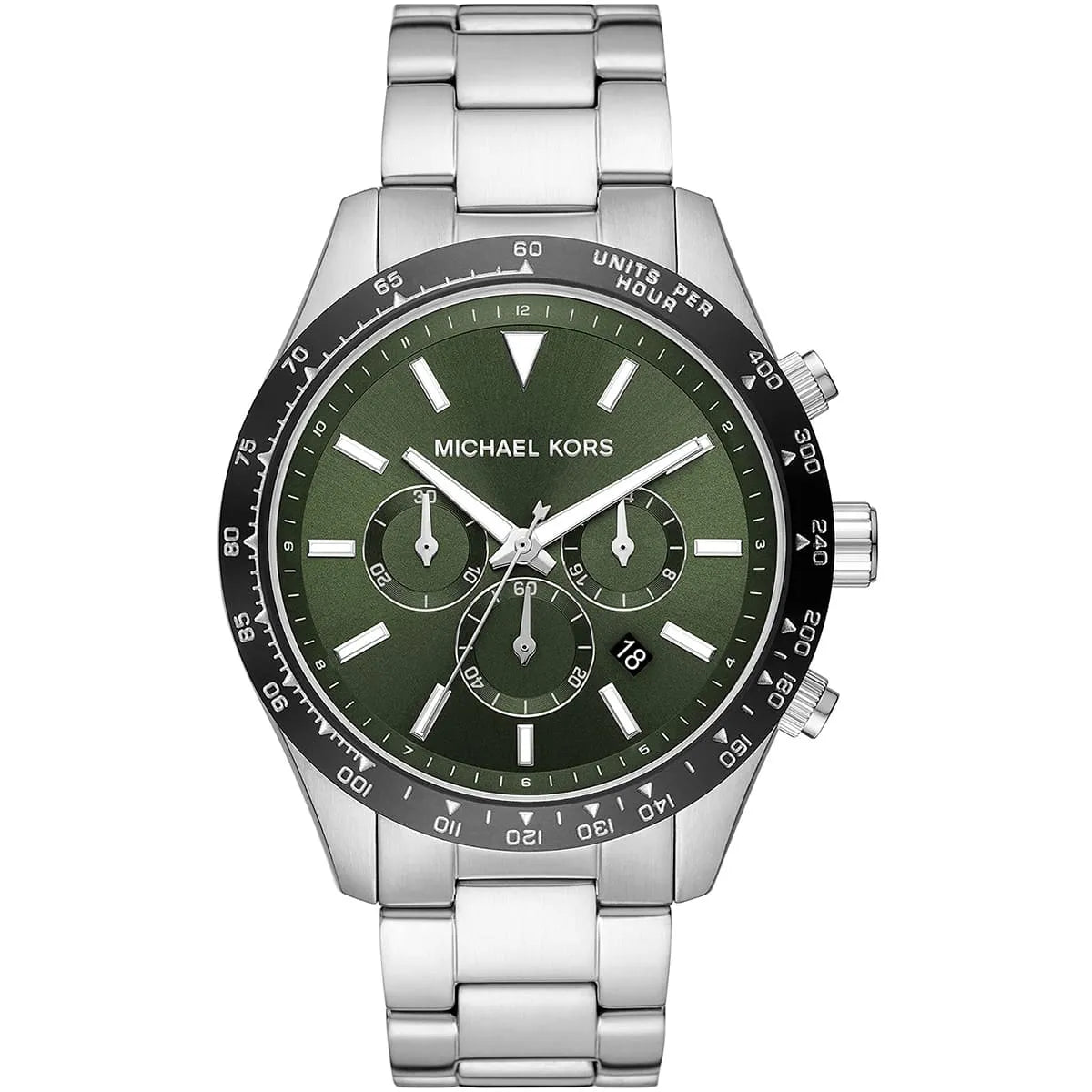 Michael Kors Layton MK8912 men's green dial silver stainless steel chronograph watch front view