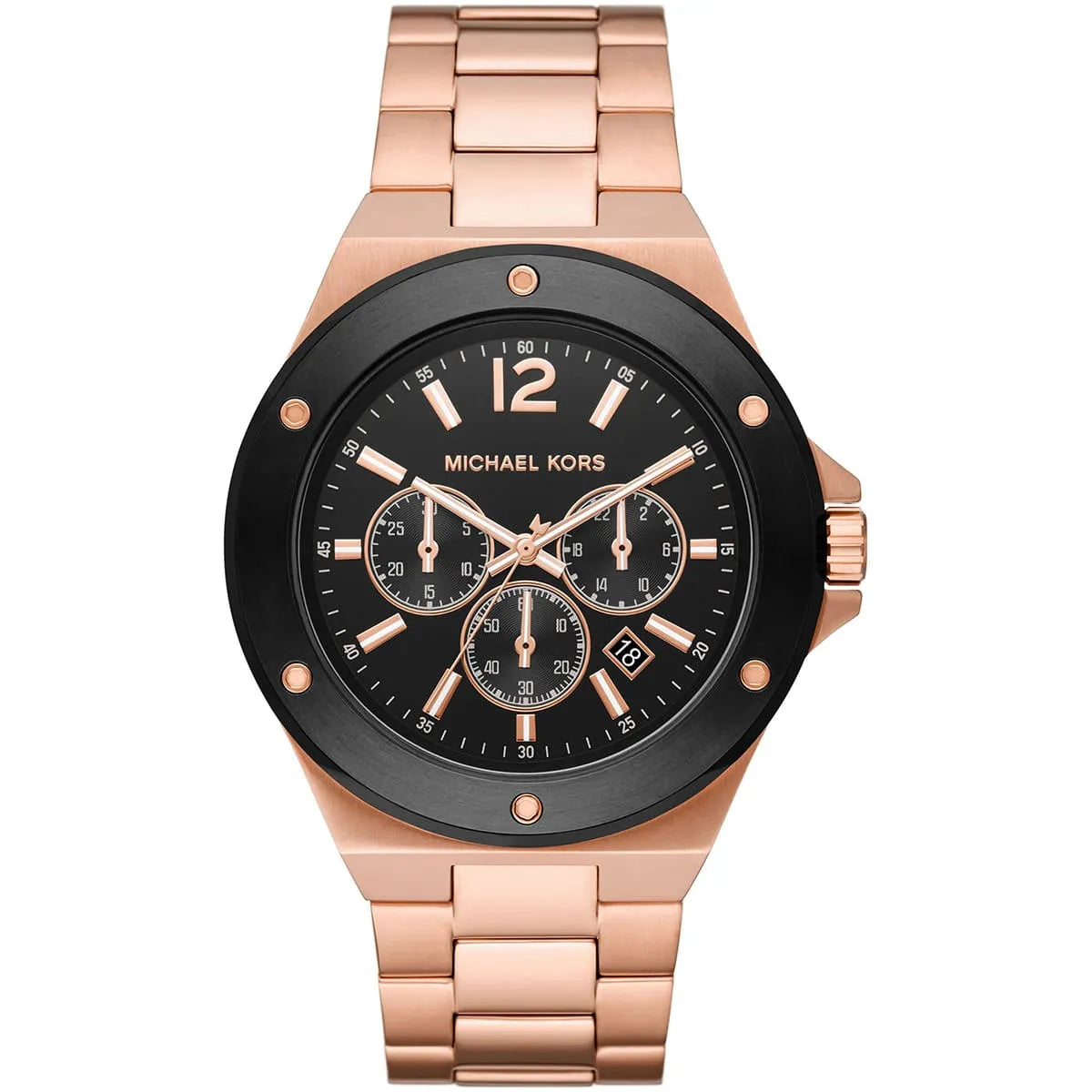 Michael Kors Lennox MK8940 men's black dial rose gold stainless steel chronograph watch front view