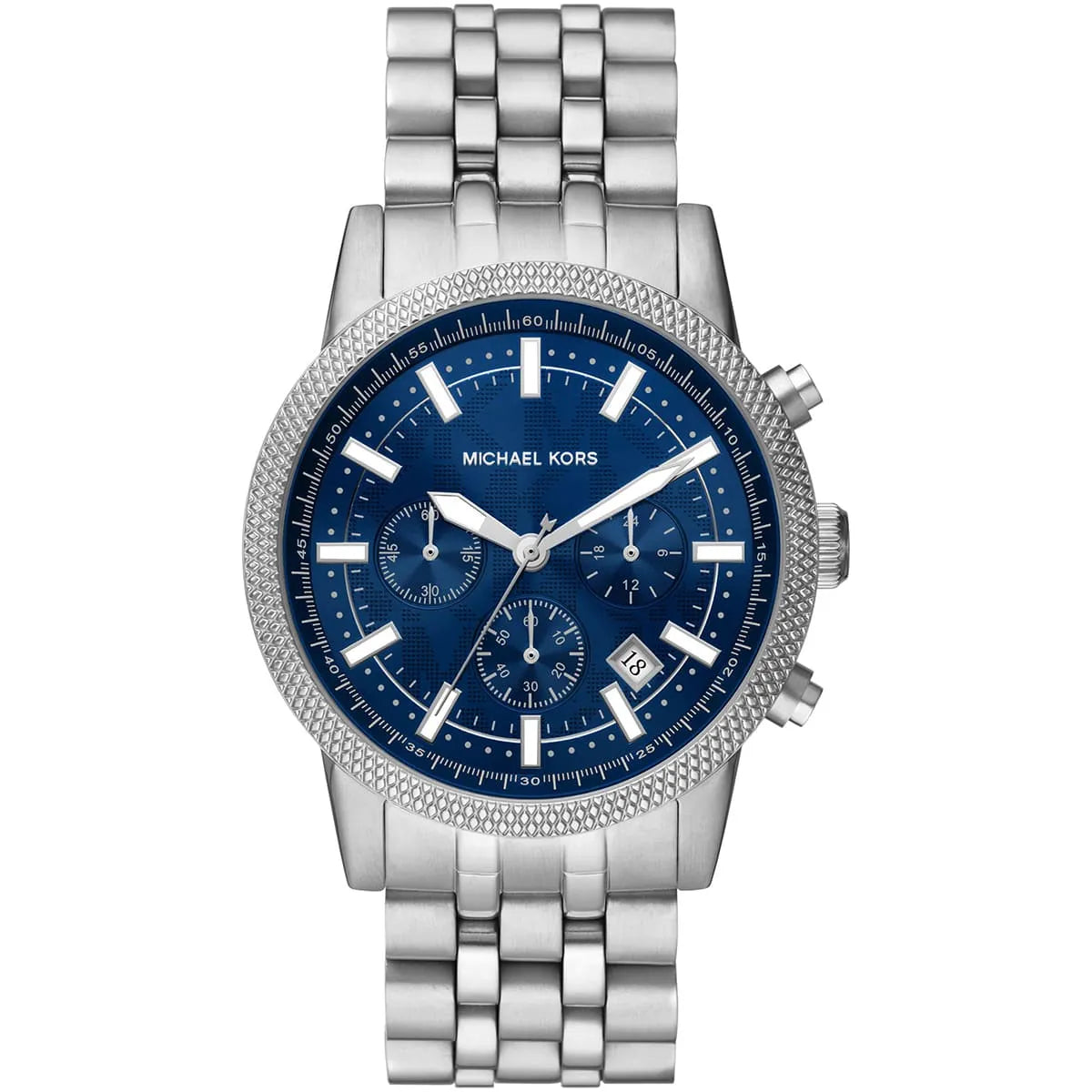 Michael Kors Hutton MK8952 men's blue dial silver stainless steel chronograph watch front view