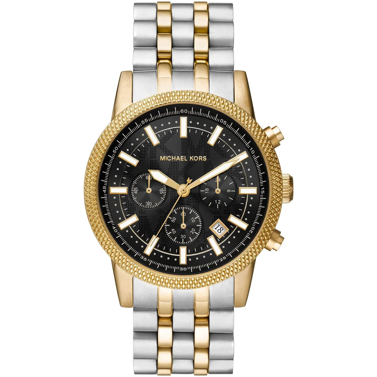 Michael Kors Hutton MK8954 men's black dial two-tone stainless steel chronograph watch front view