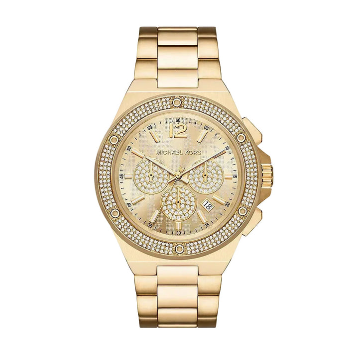 Michael Kors Lennox MK8989 men's gold dial gold stainless steel pavé chronograph watch front view