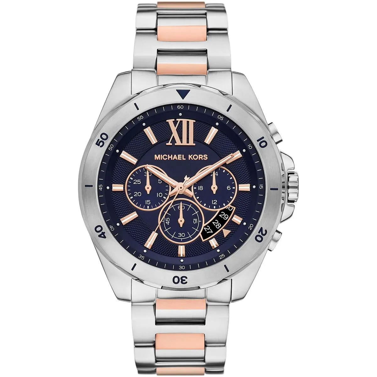Michael Kors Brecken MK9065 men's blue dial two-tone chronograph watch front view