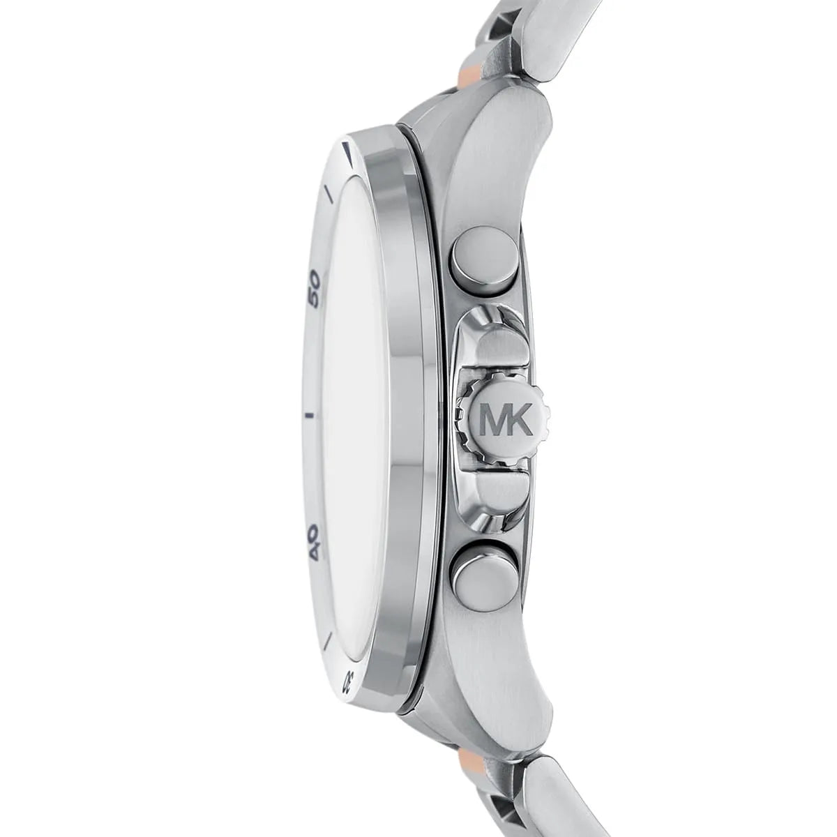 Side profile of Michael Kors Brecken MK9065 silver and rose gold stainless steel men's watch
