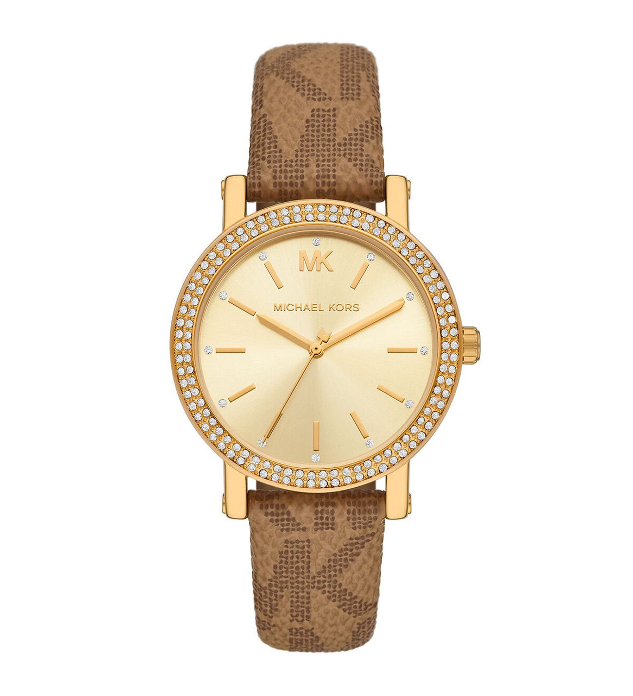 Michael Kors Corey MKO1026 women's gold dial brown monogram PVC strap watch front view