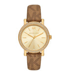 Michael Kors Corey MKO1026 women's gold dial brown monogram PVC strap watch front view