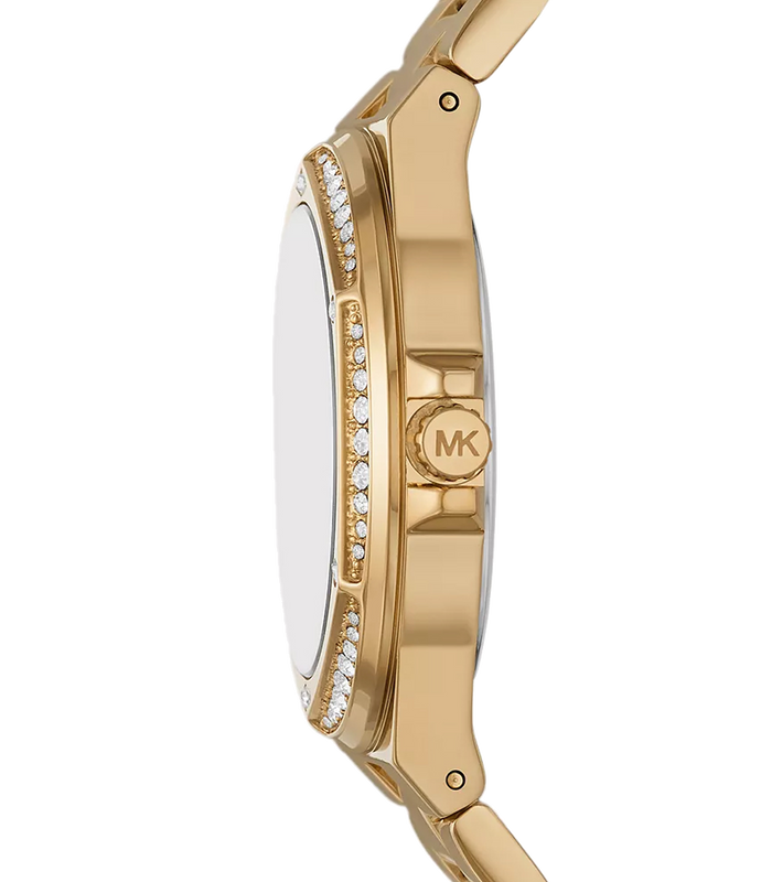 Side profile of Michael Kors Lennox MK1062 gold-tone stainless steel bracelet watch