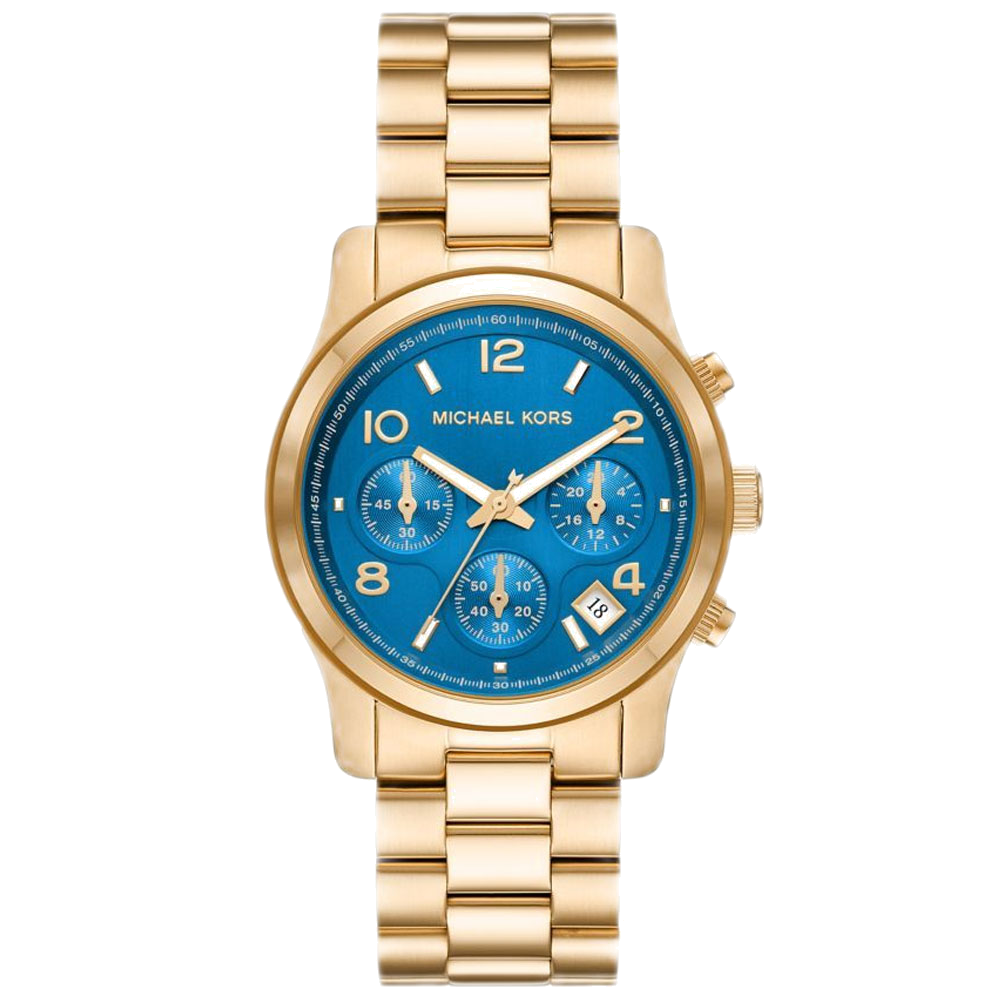 Michael Kors Runway MK7353 women's blue dial gold stainless steel chronograph watch front view