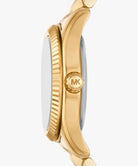 Side profile of Michael Kors Petite Lexington MK3874 gold stainless steel women's watch