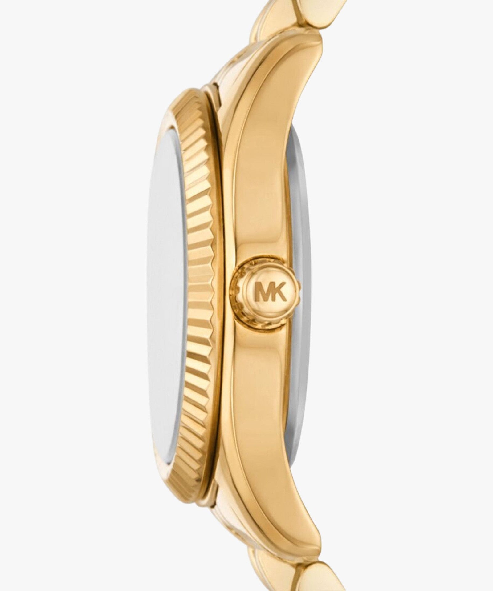 Side profile of Michael Kors Petite Lexington MK3874 gold stainless steel women's watch