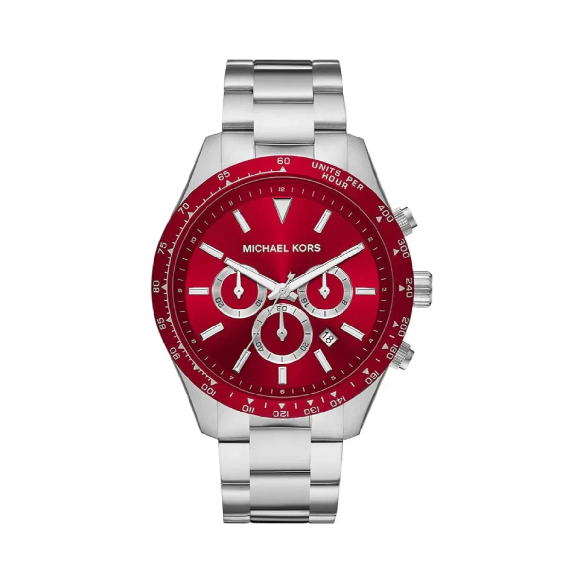 Michael Kors Layton MK8822 men's red dial silver stainless steel chronograph watch front view