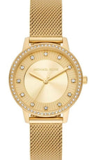 Michael Kors Crystals MKO1011 women's gold dial gold mesh stainless steel watch front view