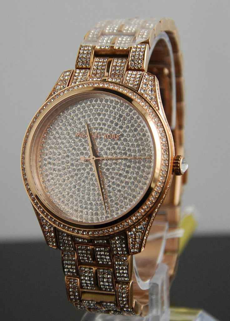 Close-up view of Michael Kors MK3931 rose gold pavé analog dial with sparkling crystal details