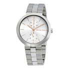 Close-up of Michael Kors MK6407 silver dial with rose gold-tone markers and stainless steel bracelet