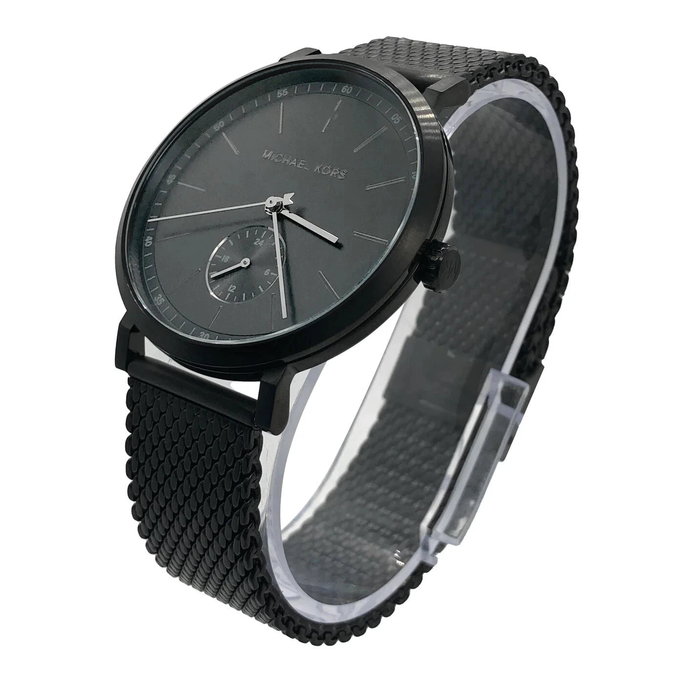 Side profile of Michael Kors Irving MK8742 black stainless steel mesh watch