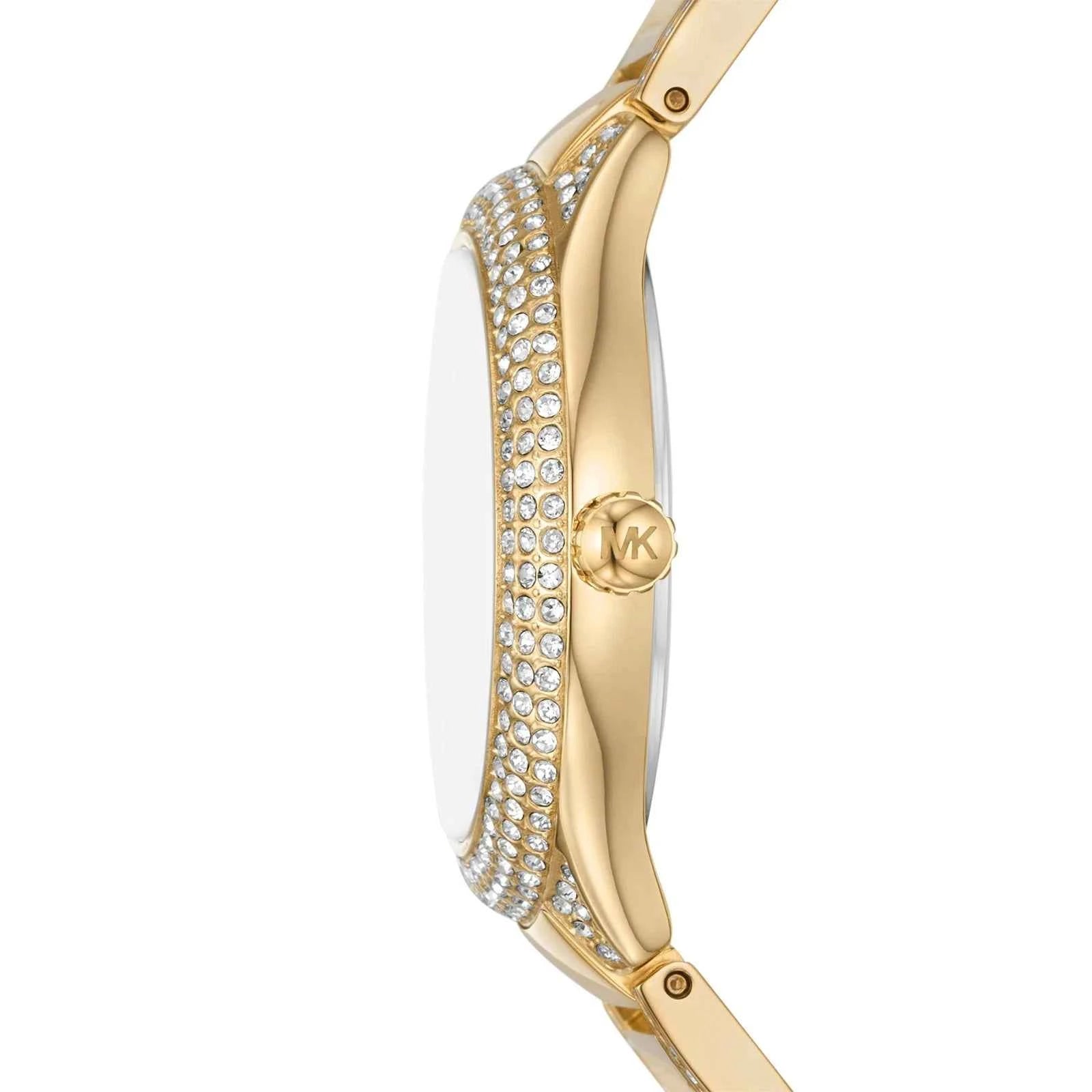 Side profile of Michael Kors Sylvia MK4655 gold stainless steel bracelet watch