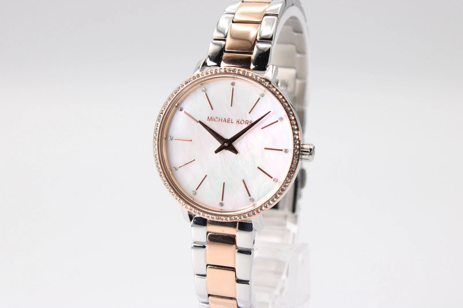 Side profile of Michael Kors Pyper MK1066 two-tone stainless steel bracelet watch