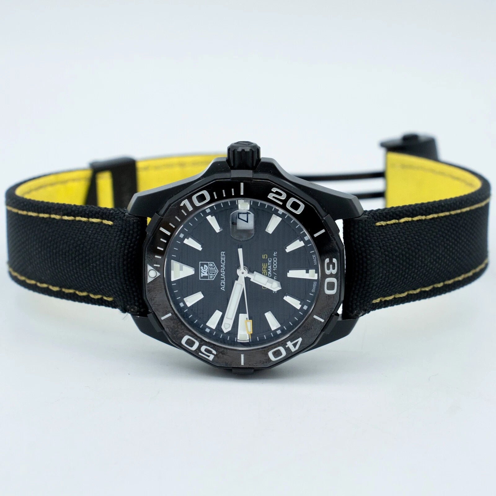 TAG Heuer Aquaracer black nylon strap and folding clasp detail