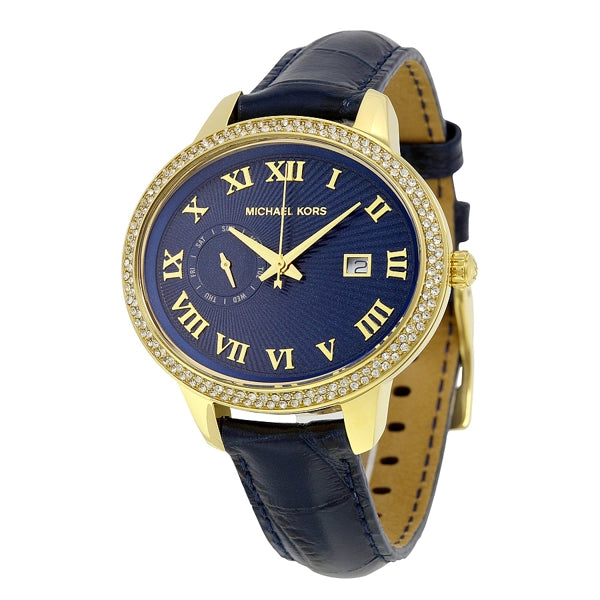 Michael Kors Whitley MK2429 women's blue textured dial leather watch front view