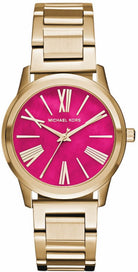 Michael Kors Hartman MK3520 women's pink dial gold stainless steel watch front view