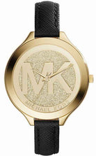 Michael Kors Slim Runway MK2392 Women's Gold Dial Black Leather Watch