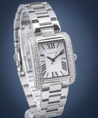 Close-up of Michael Kors MK4642 silver dial with crystal-set rectangular case