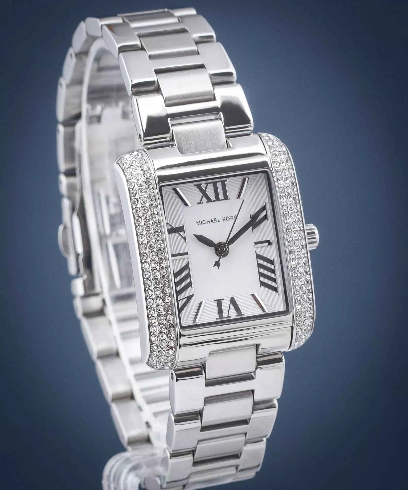 Close-up of Michael Kors MK4642 silver dial with crystal-set rectangular case